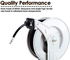 REELWORKS Oil Hose Reel Retractable Spring Driven Steel Construction PRO Heavy Duty Industrial Dual Arm & Pedestal 1/2