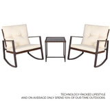 SUNCROWN Outdoor Patio Furniture 3-Piece Bistro Set Brown Wicker Rocking Chair - Two Chairs with Glass Coffee Table (Beige Cushion)