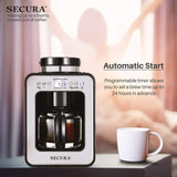 Secura Automatic Coffee Maker with Grinder, Programmable Grind and Brew Coffee Machine for use with Ground or Whole Beans, 1-4 Cups, Black