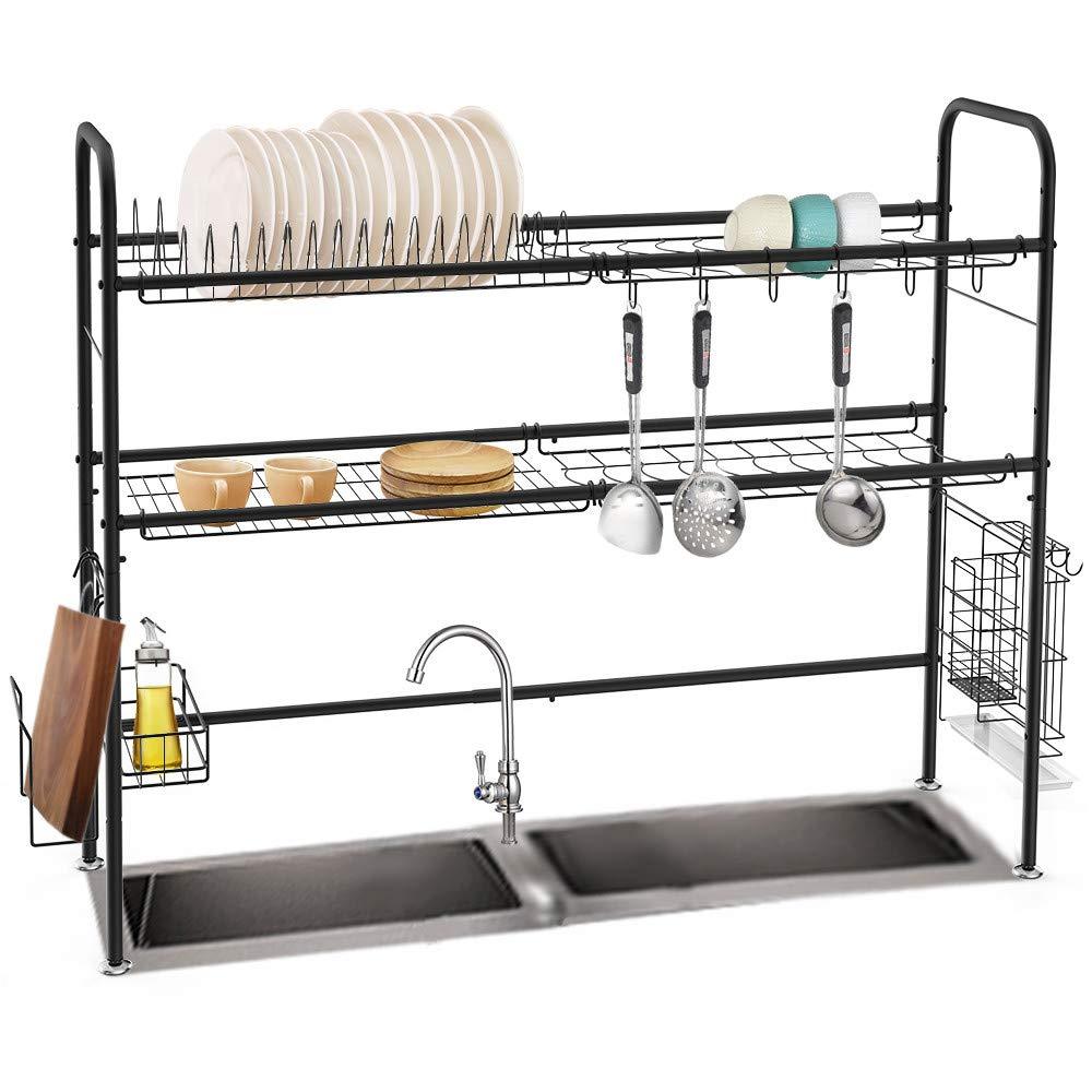 Nandae 2-Tier Dish Drying Rack Stainless Steel Over the Sink Dish Rack for Kitchen Length Adjustable, Black