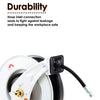 REELWORKS Oil Hose Reel Retractable Spring Driven Steel Construction PRO Heavy Duty Industrial Dual Arm & Pedestal 1/2