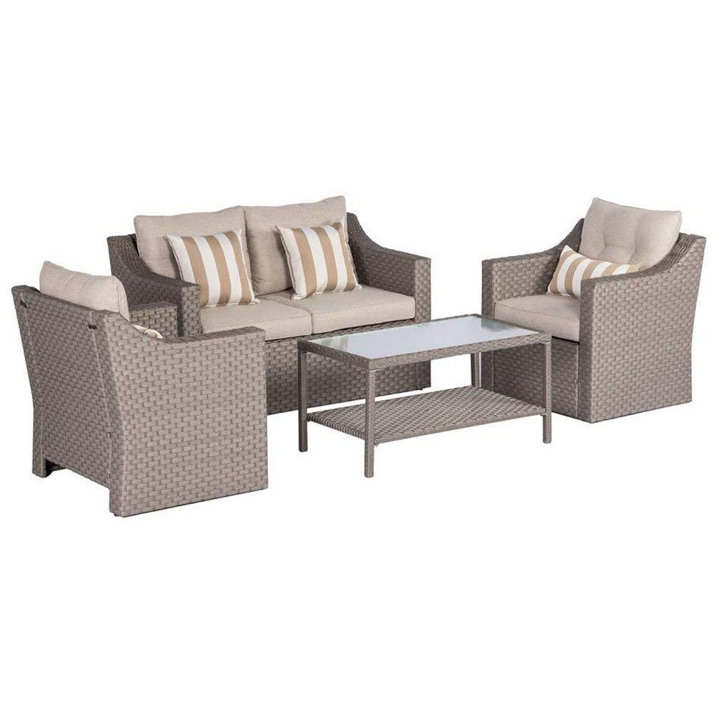 SOLAURA Outdoor Patio Furniture Set 4-Piece Conversation Set Gray Wicker Furniture Sofa Set with Neutral Beige Olefin Fiber Cushions & Sophisticated Glass Coffee Table