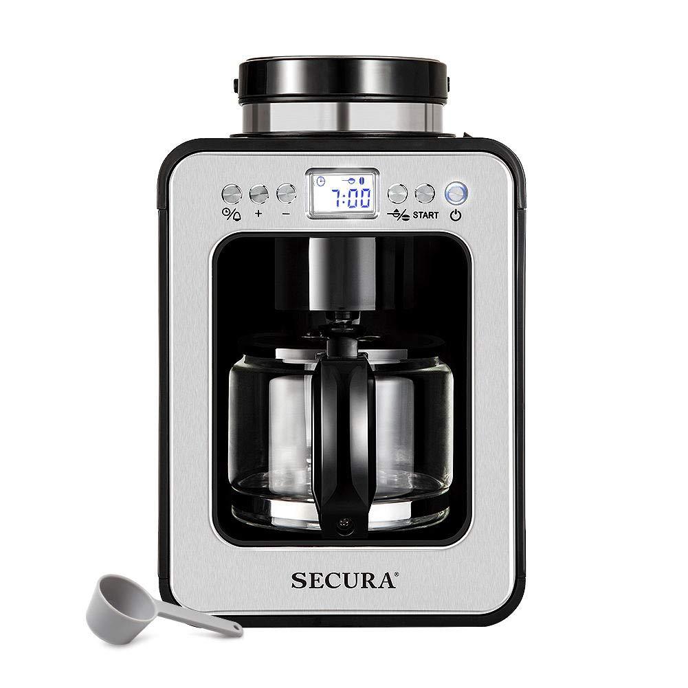 Secura Automatic Coffee Maker with Grinder, Programmable Grind and Brew Coffee Machine for use with Ground or Whole Beans, 1-4 Cups, Black