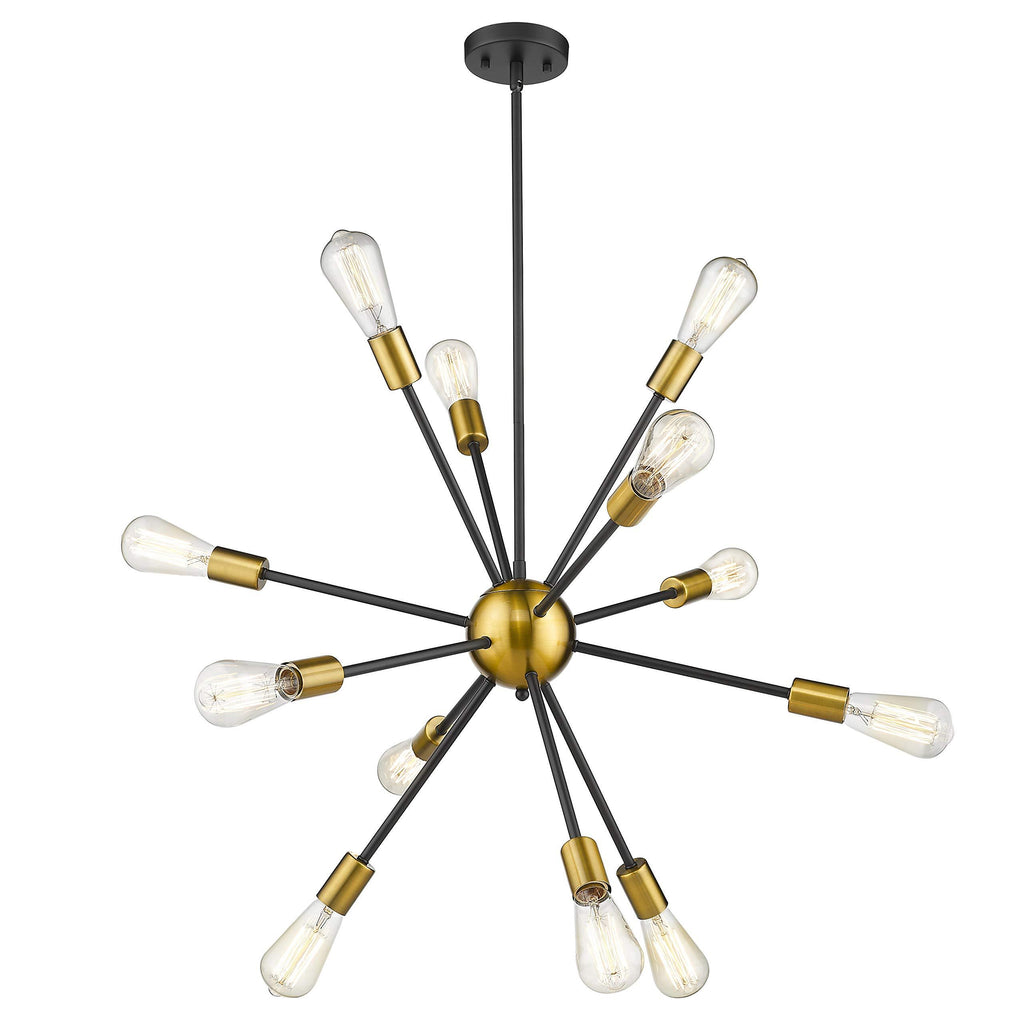 Jazava Modern Sputnik Chandelier, 12-Light Starburst Pendant Lighting, Mid-Century Hanging Light Fixture, Black & Brass Brushed