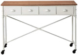 Creative Co-Op White Metal Table with Wood Top & 4 Drawers on Caster Wheels