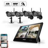 Wireless Security Camera System Outdoor (4Pcs), UNIOJO 1080P DVR with 10.1inches LCD Touch Screen Monitor, 4 HD 2.0 Megapixel Night Vision IP66 Waterproof IP Security Surveillance Cameras