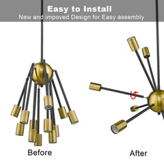 Jazava Modern Sputnik Chandelier, 12-Light Starburst Pendant Lighting, Mid-Century Hanging Light Fixture, Black & Brass Brushed