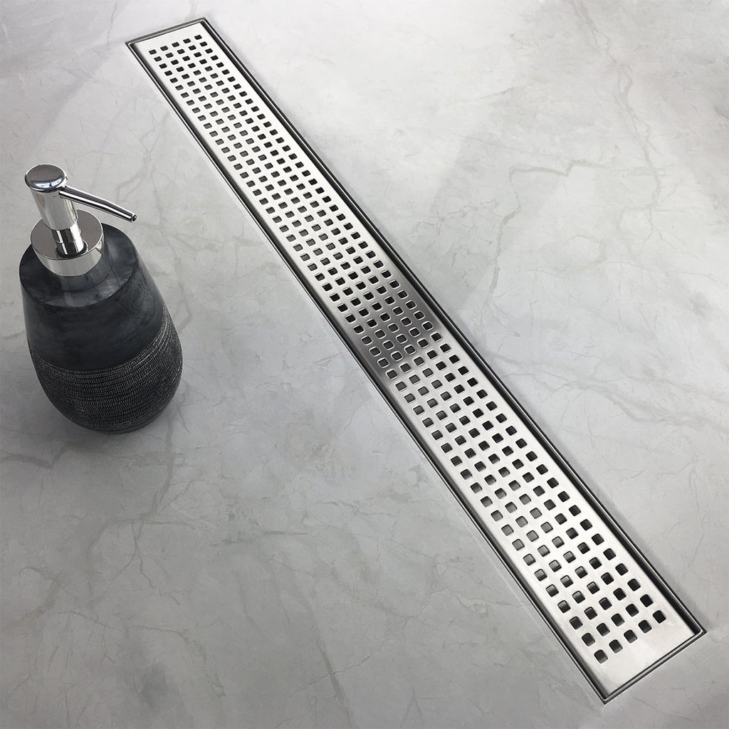 Neodrain 60-Inch Linear Shower Drain with Quadrato Pattern Grate, Professional Brushed 304 Stainless Steel Rectangle Shower Floor Drain Manufacturer,Floor Shower Drain With Leveling Feet,Hair Strainer