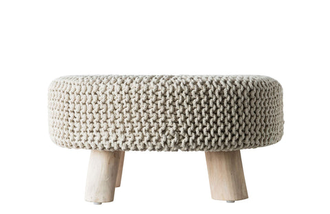 Creative Co-op Wood and Cotton Knit Round Ottoman Stool, Off- Off-White