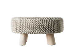 Creative Co-op Wood and Cotton Knit Round Ottoman Stool, Off- Off-White