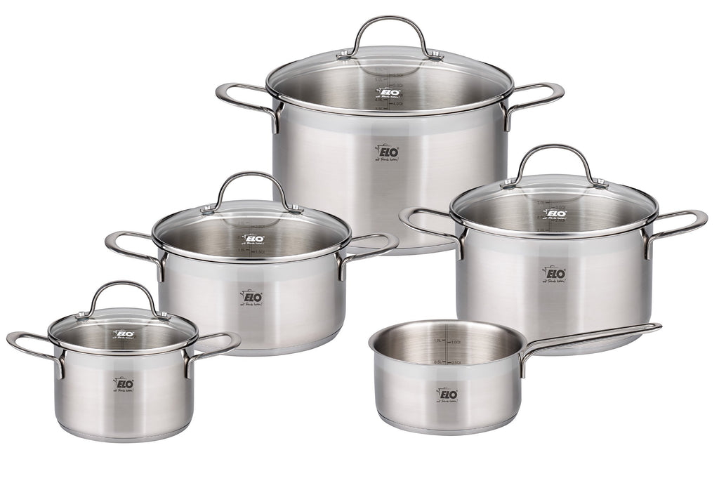 ELO Top Collection 18/10 Stainless Steel Kitchen Induction Cookware Pots and Pans Set with Shock Resistant Glass Lids and Integrated Measuring Scale, 9-Piece