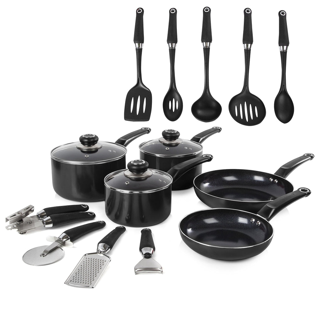 Morphy Richards Equip Frying Pan and Saucepan Set 5 Piece with 9 Piece Tool Set, Aluminium, Black