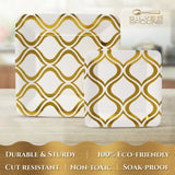 DELUXE DISPOSABLE 432 PC DINNERWARE SET | 216 Dinner Plates and 216 Side Plates  | Heavy Duty Disposable Paper Plates |  for Upscale Wedding and Dining (Moroccan Collection-Gold/White)