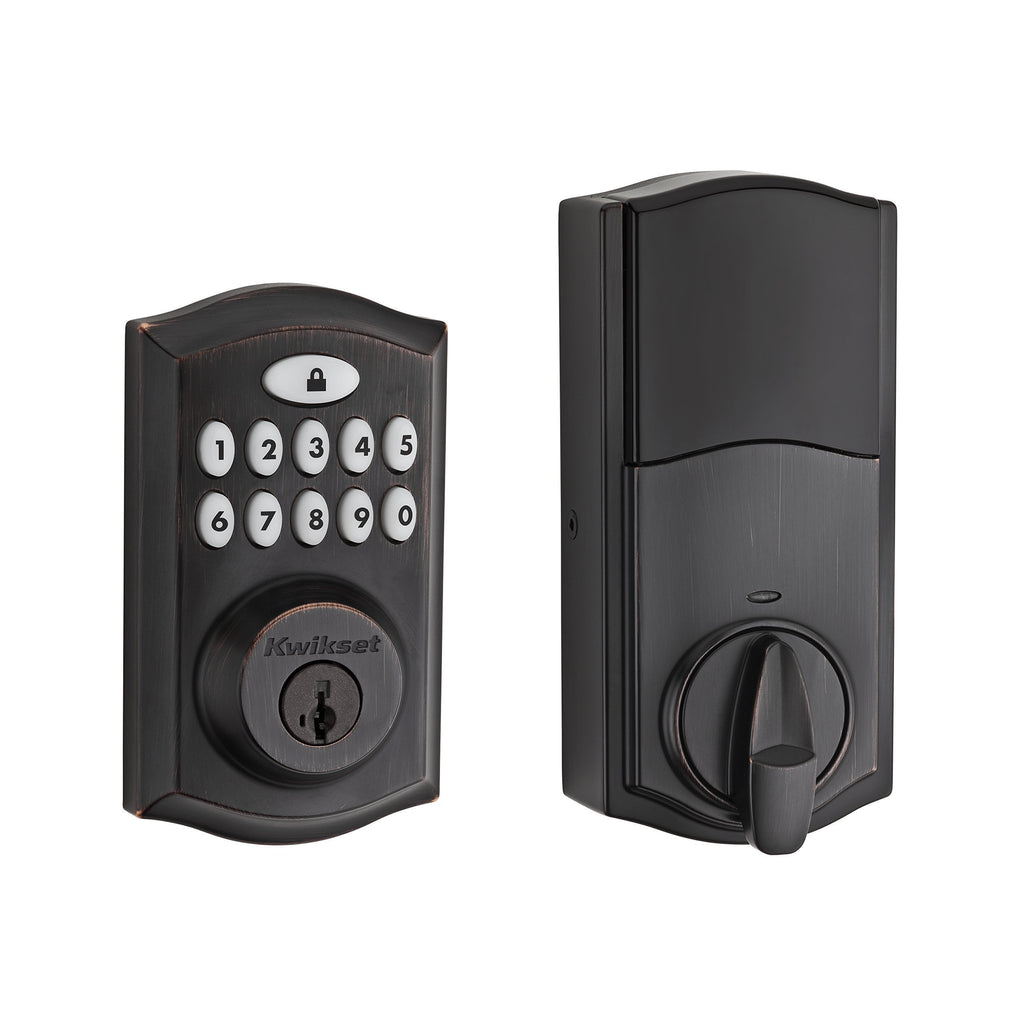 Kwikset 913 SmartCode Electronic Deadbolt featuring SmartKey Security and Avalon Handleset with Tustin Right Handed and Left Handed Lever in Venetian Bronze