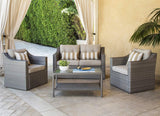 SOLAURA Outdoor Patio Furniture Set 4-Piece Conversation Set Gray Wicker Furniture Sofa Set with Neutral Beige Olefin Fiber Cushions & Sophisticated Glass Coffee Table