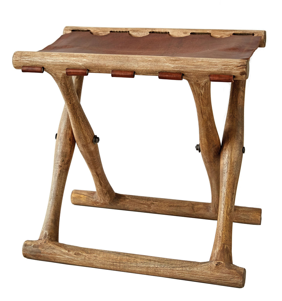 Creative Co-op Acacia Wood & Leather Folding Stool