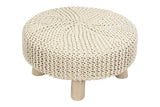Creative Co-op Wood and Cotton Knit Round Ottoman Stool, Off- Off-White