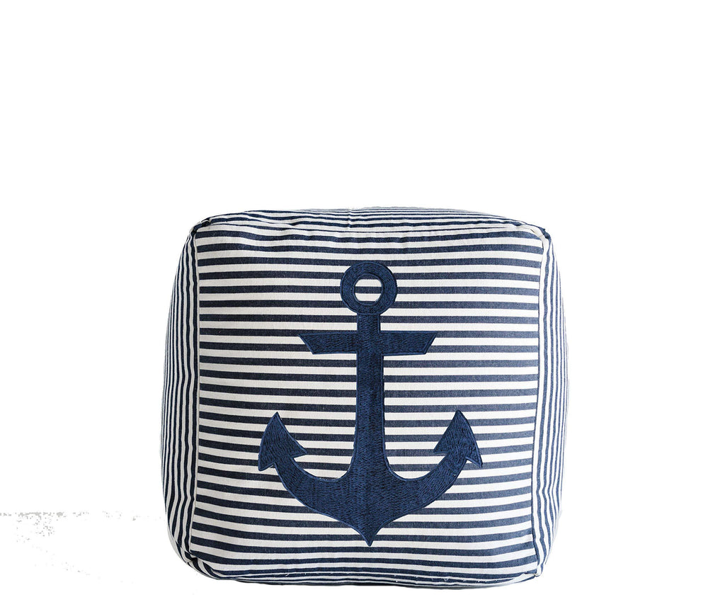 Creative Co-op Cotton Navy Stripes & Embroidered Anchor Pouf, Blue