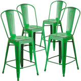 Flash Furniture 4 Pk. 24'' High Distressed Green Metal Indoor-Outdoor Counter Height Stool with Back